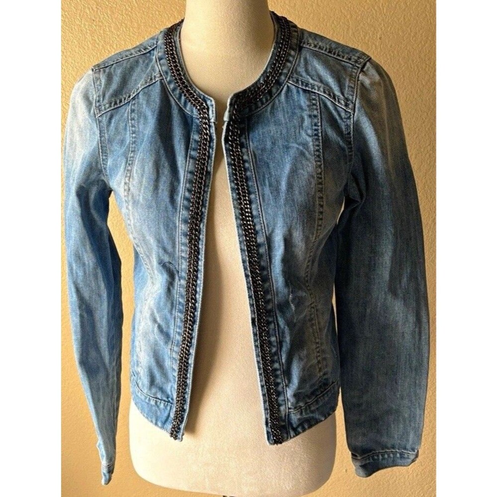 Pimkie Womens Blue Denim Jacket Chain Trim Hook N Eye Collared Long Sleeve XS